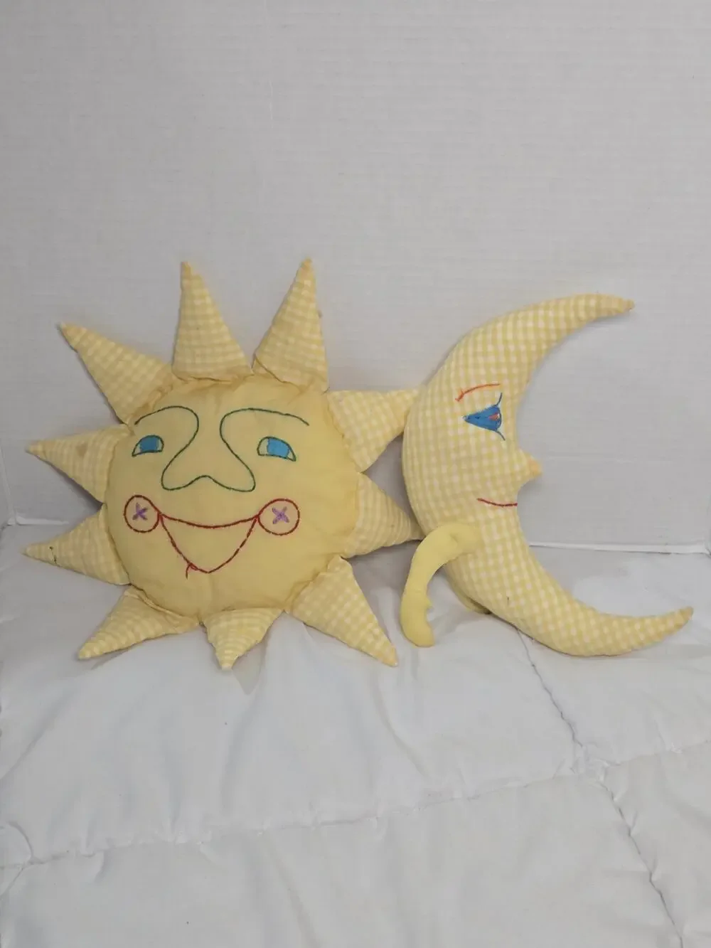 Pair Vintage 60s Celestial Whimsigoth Plaid Sun Moon Stuffed Pillows No Brand